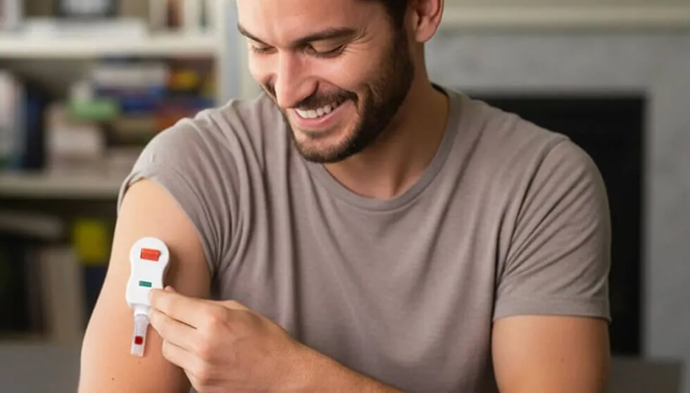 Man with the SiPhox EasyDraw device attached to his upper arm